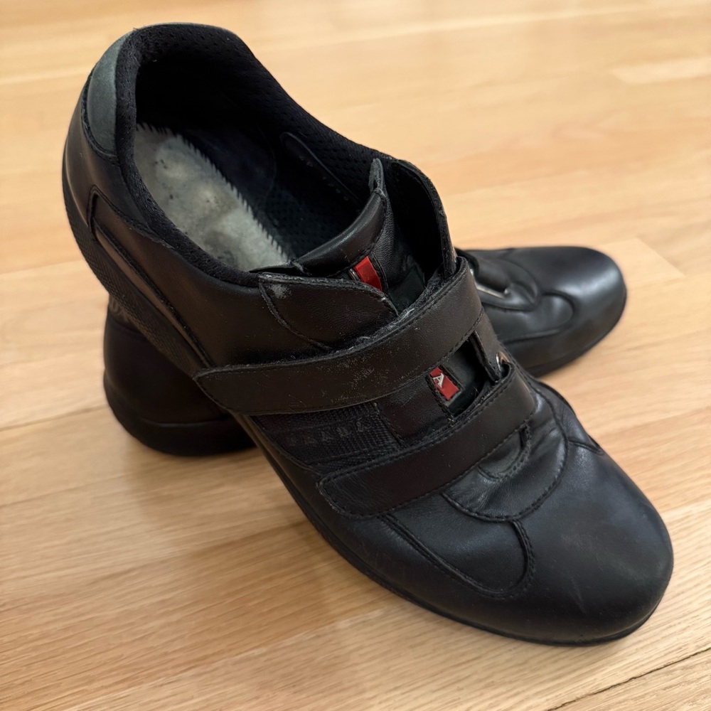 Prada Black Leather Low Trainers with Velcro Straps | 8.5 UK / 9.5 US